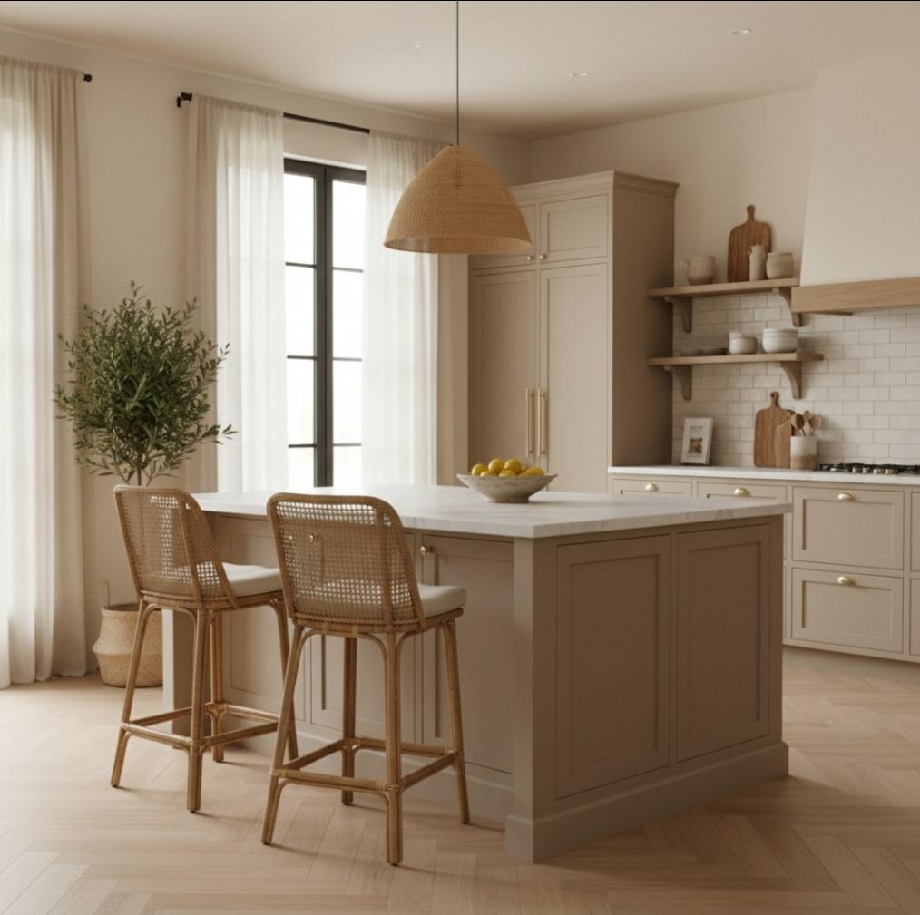 Cucina moderna con arredamento color sabbia avorio, isola con piano in quarzo, sgabelli in midollino, tende leggere e pavimento in parquet a spina di pesce