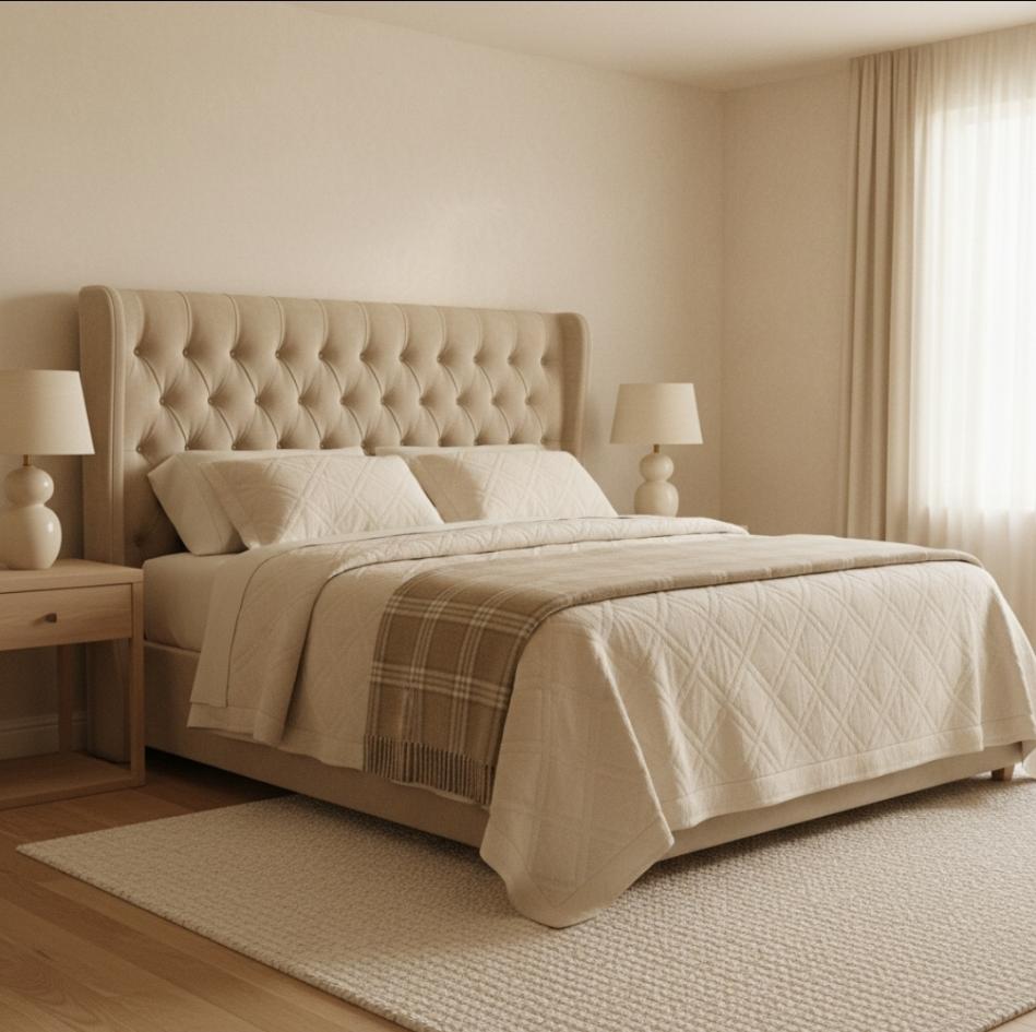 Camera da letto con arredamento color sabbia avorio, testiera imbottita in velluto, lenzuola e trapunta matelassé, comodini in legno chiaro e lampade crema.