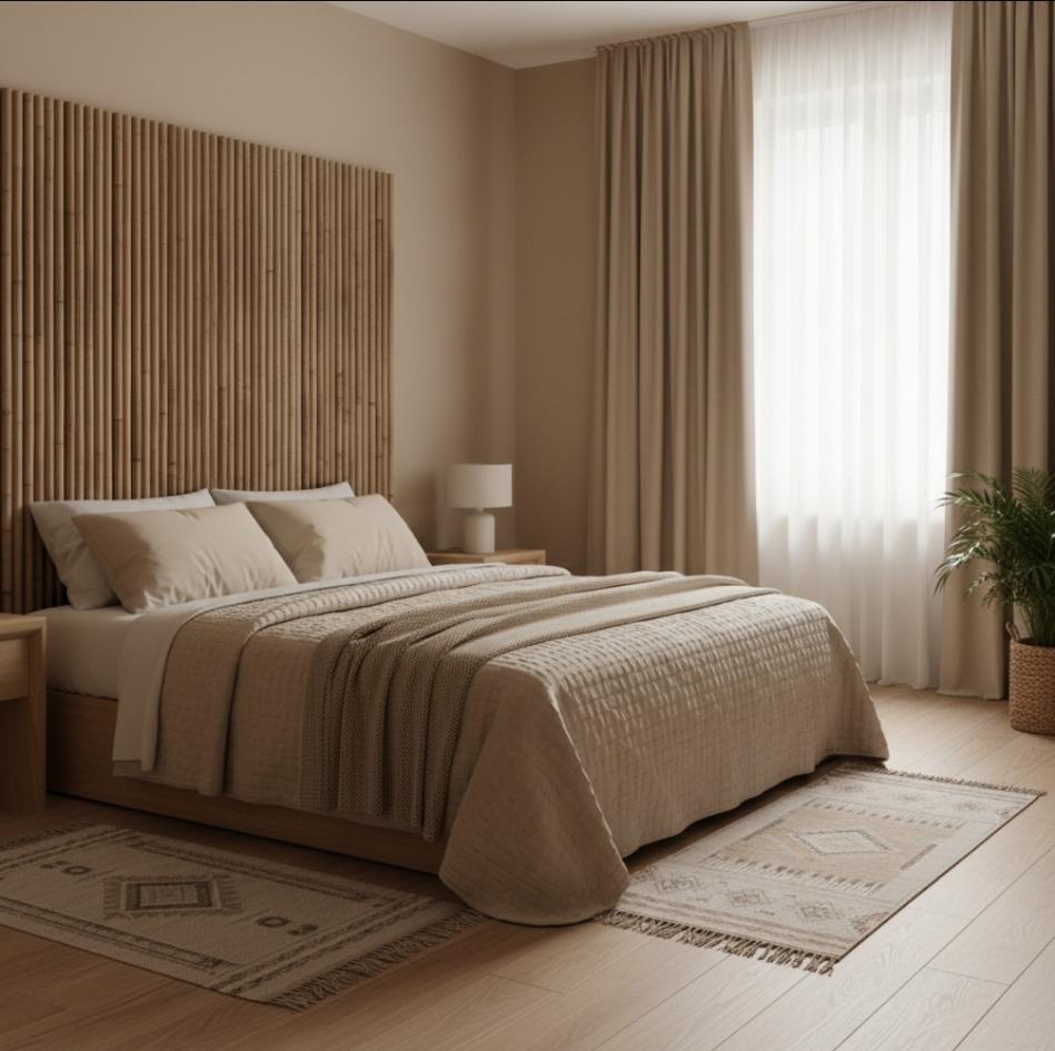 Camera da letto con arredamento color sabbia avorio, testiera in canna di bambù, tappeti kilim neutri, tende oscuranti sabbia e pavimento in legno chiaro.