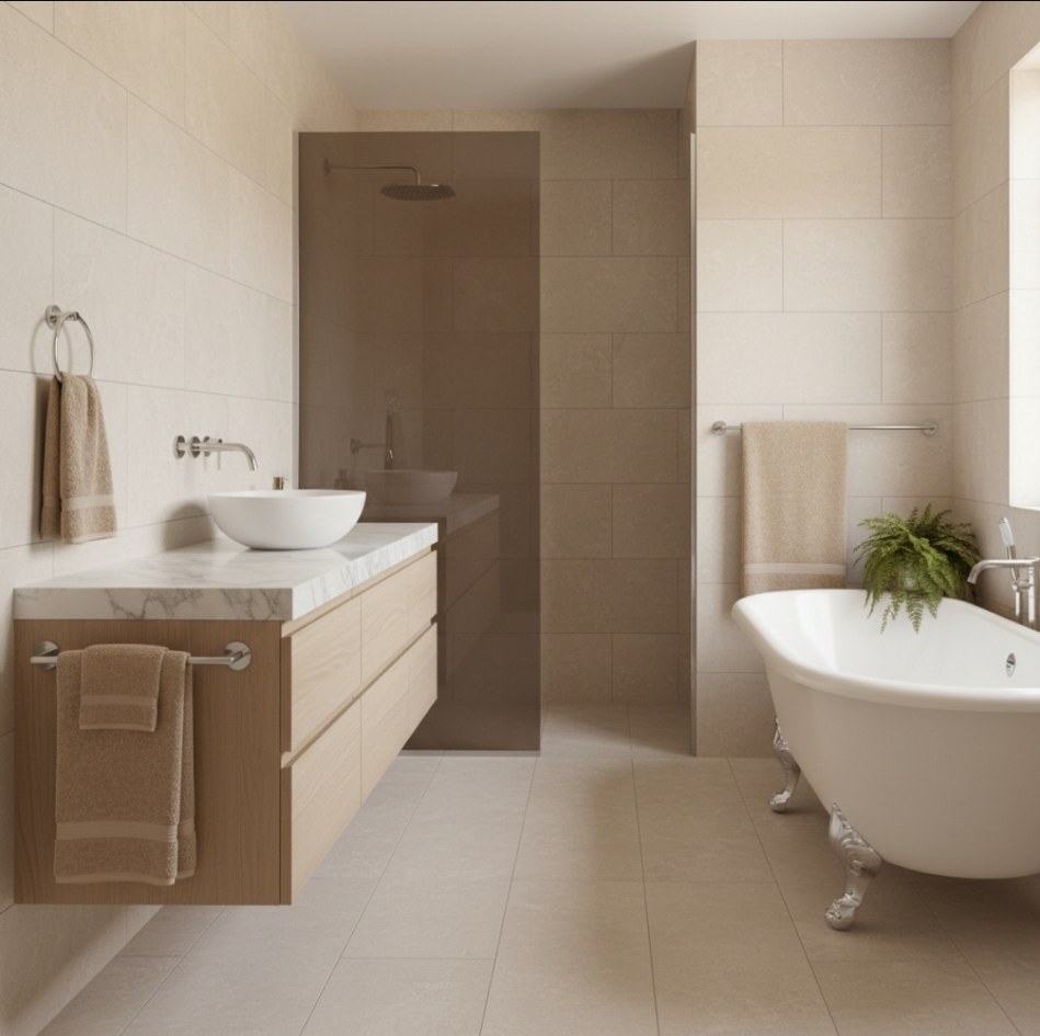 Bagno moderno con arredamento color sabbia avorio, piastrelle sulle pareti, vanity in legno chiaro con top in marmo, box doccia con vetri fumé e vasca freestanding con piedini cromati.