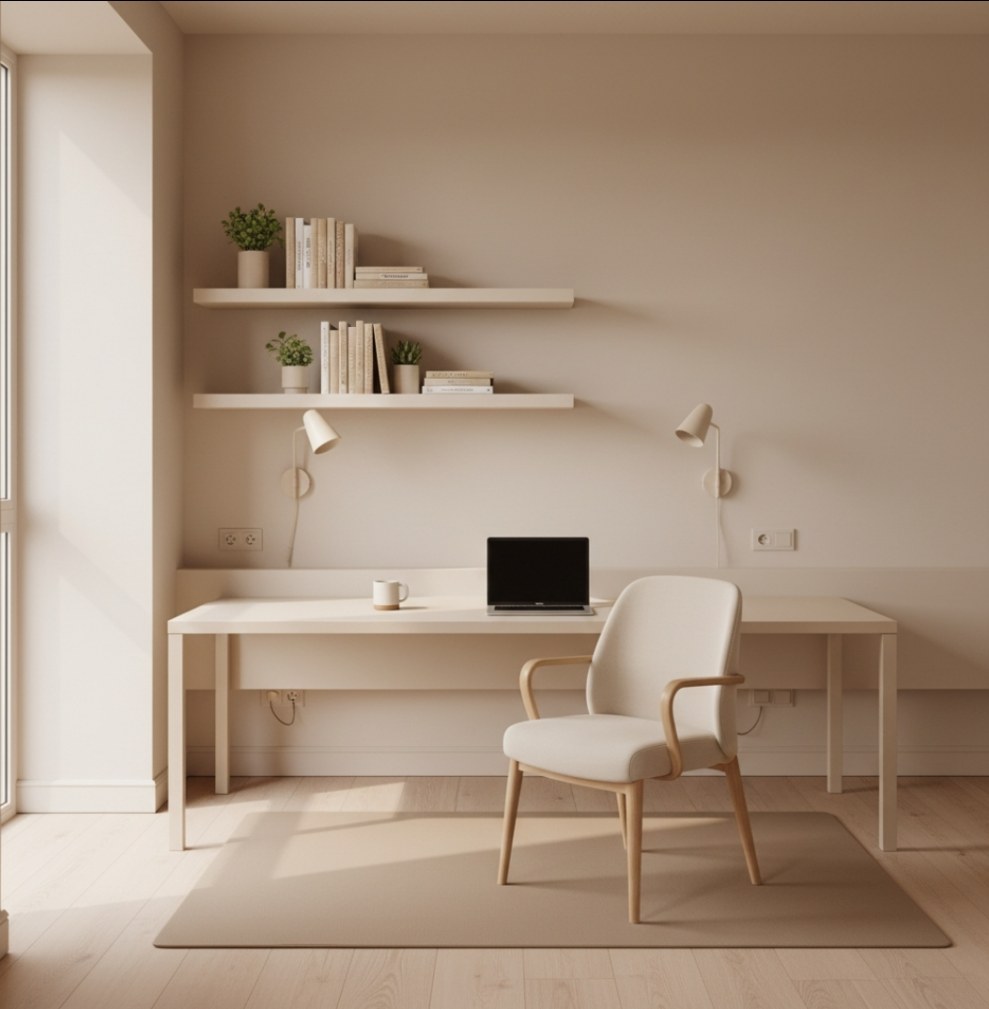 Studio con arredamento color sabbia avorio, scrivania in laminato opaco, sedia ergonomica imbottita, mensole floating con libri e piante, tappetino anti-fatica beige e luce naturale.