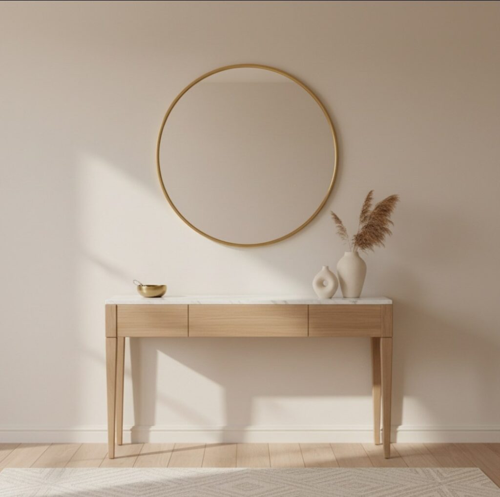 Ingresso con arredamento color sabbia avorio, console in legno chiaro con piano avorio, specchio rotondo con cornice in ottone e decorazioni minimaliste.