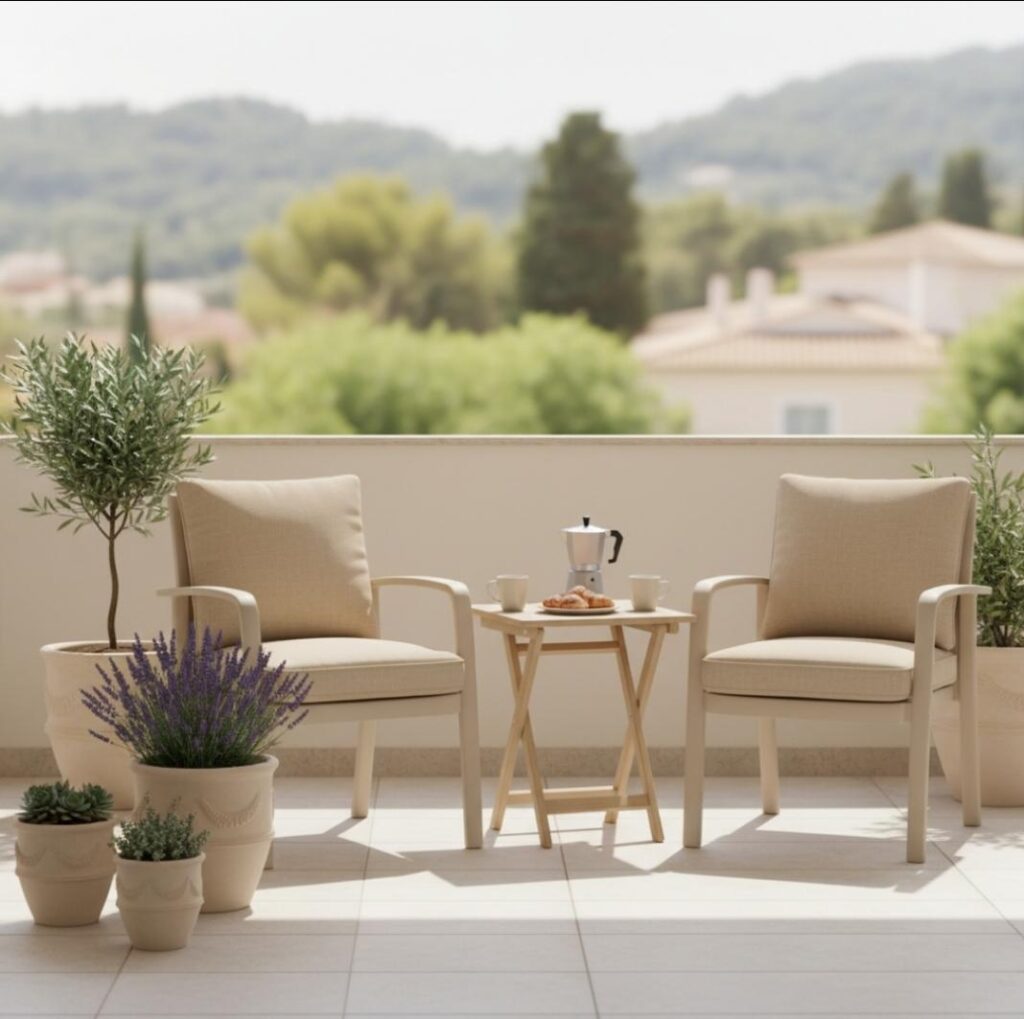 Balcone con arredamento color sabbia avorio, sedie in resina tecnica antimacchia con cuscini in lino sabbia, tavolino pieghevole in legno di teak chiaro con piano avorio, vasi in terracotta crema con lavanda e olivi nani.