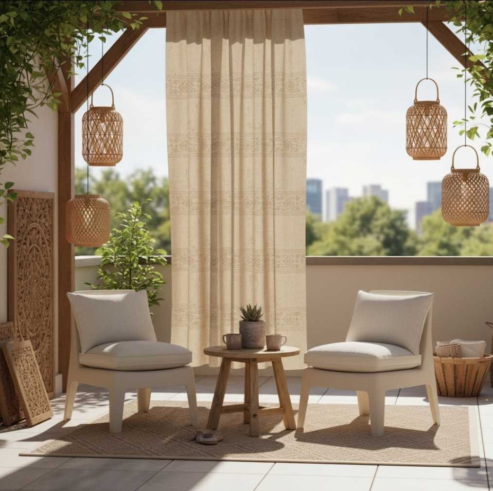 Spazio esterno con arredamento color sabbia avorio, tende in cotone etnico sabbia, poltrone impilabili avorio, tappetino beige e lanterne in midollino sospese.
