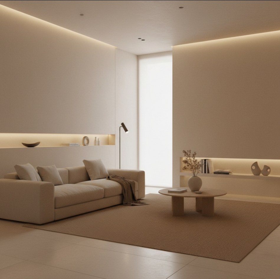 Soggiorno con arredamento color sabbia avorio, divano minimalista, tavolino rotondo in legno chiaro, illuminazione indiretta e pareti neutre.