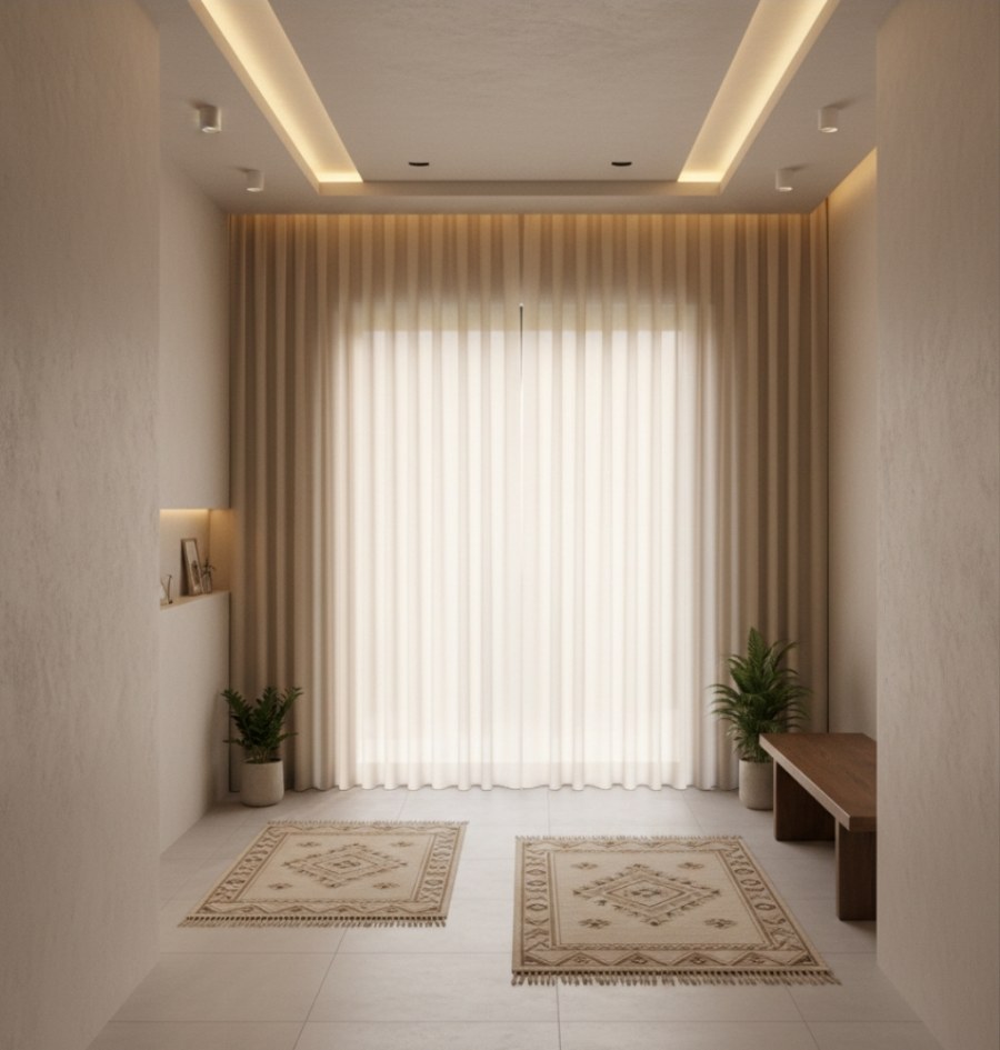 Ingresso con tende leggere in voile color sabbia avorio, tappeti kilim beige con pattern discreti, illuminazione LED incassata e piante verdi.