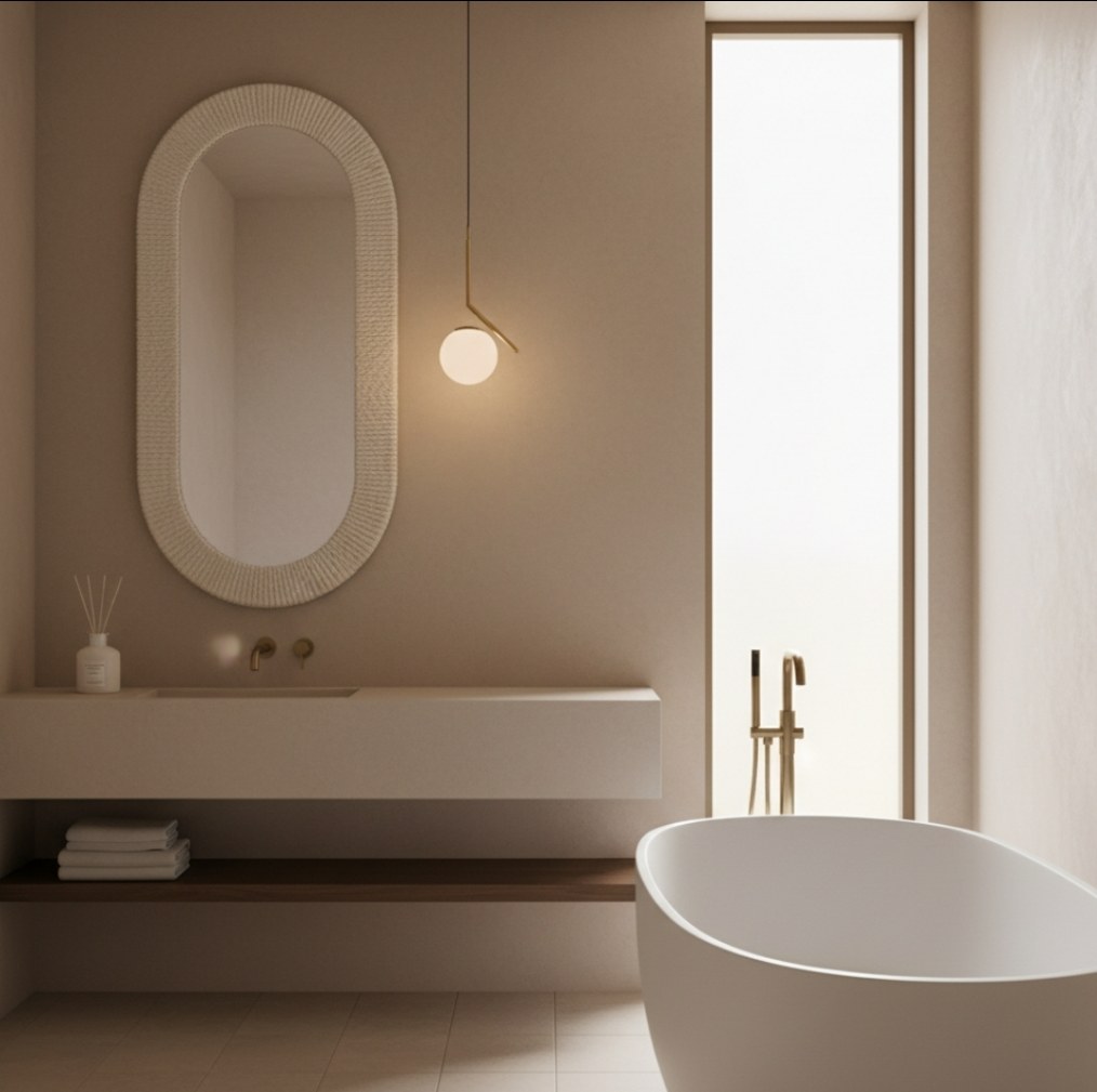 Bagno moderno con specchio ovale color sabbia avorio, lavabo sospeso, vasca freestanding e illuminazione soffusa naturale.