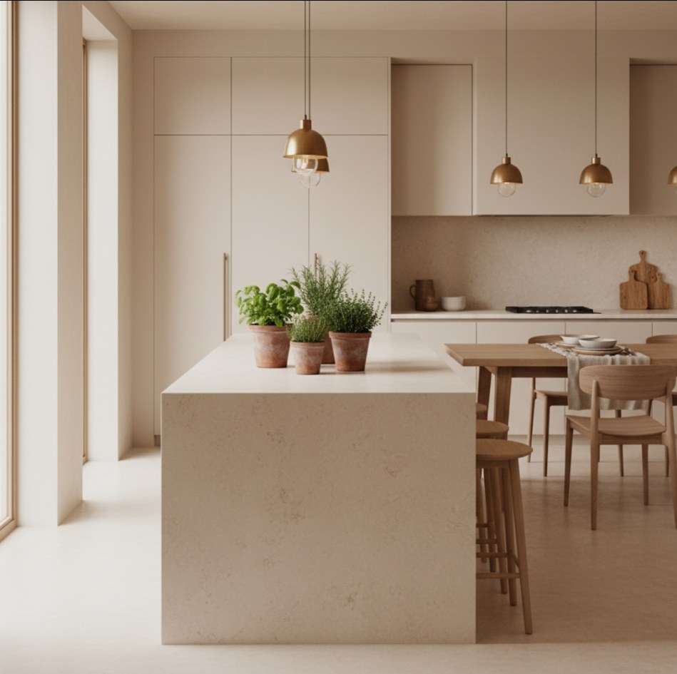 Cucina con isola centrale color sabbia avorio, vasi di erbe aromatiche in terracotta, mobili minimalisti e illuminazione calda con lampade sospese.