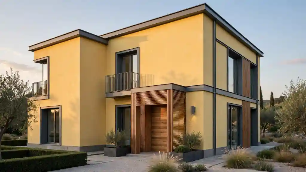 Abbinamenti colori esterni con il giallo: villa mediterranea con legno Villa mediterranea con abbinamenti colori esterni con il giallo, dettagli in legno verticale e giardino con ulivi