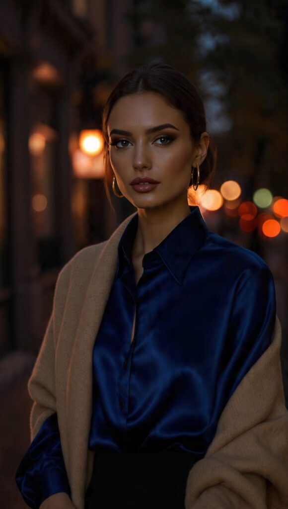 Look elegante sera con camicia in seta blu e stola in cashmere beige, abbinamento blu con beige raffinato
