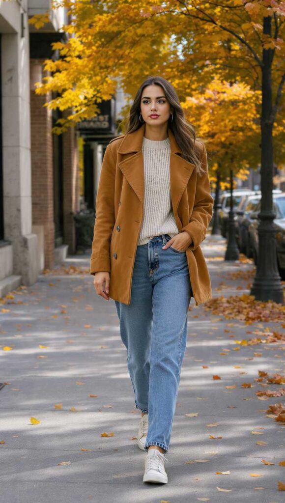 Outfit casual con jeans denim blu medio e giacca in suede cammello, idea di abbinamento blu con beige

