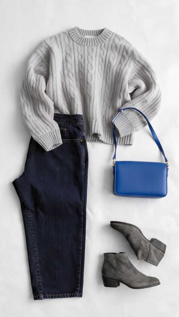 Outfit blu e grigio donna con maglione grigio perla, jeans blu scuro e stivaletti grigio fumo