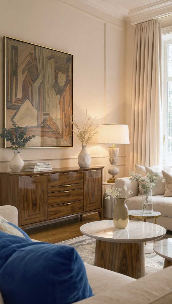 Arredare casa stile romano con budget intelligente - soggiorno avorio con mobili noce e dettagli ottone, idee furbe