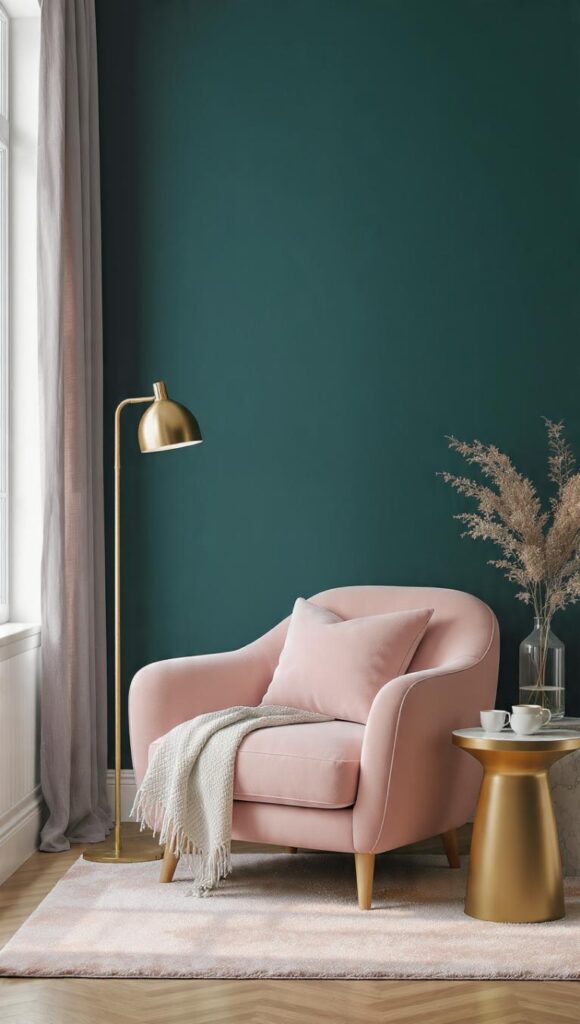 angolo lettura con abbinamento ottanio e rosa cipria, parete verde petrolio, poltrona rosa cipria e dettagli in ottone spazzolato