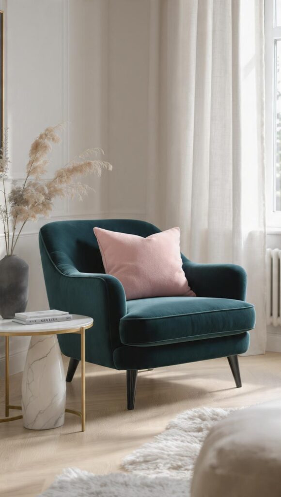 poltrona velluto ottanio e rosa cipria con tavolino marmo Carrara, legno rovere naturale e lino stile nordico contemporaneo