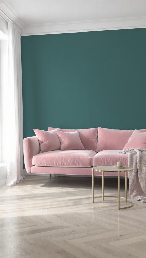 soggiorno con parete color ottanio e rosa cipria, divano in velluto rosa cipria davanti a parete verde petrolio