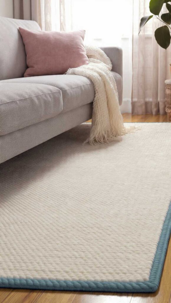 tappeto avorio bordo ottanio e rosa cipria con cuscini lino rosa e coperta bouclé panna in soggiorno