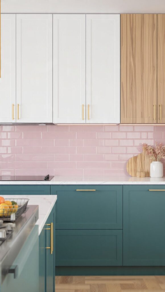 cucina moderna con basi color ottanio e rosa cipria, pensili bianchi e paraschizzi piastrelle rosa cipria