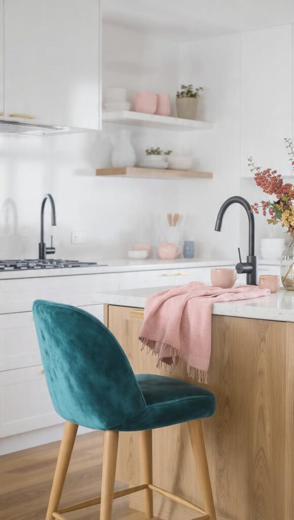 cucina bianca con sgabello velluto ottanio e rosa cipria, runner rosa cipria e rubinetteria nera opaca