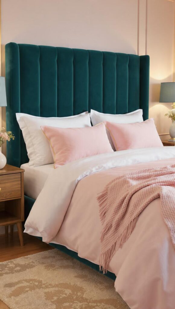 camera da letto con testata velluto ottanio e rosa cipria, lenzuola bianche e copriletto rosa cipria con cuscini piping oro