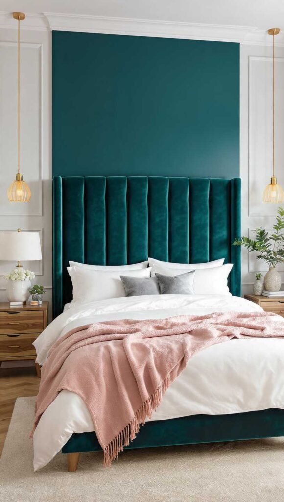 camera da letto con parete d'accento ottanio e rosa cipria, testata velluto e pareti bianche luminose
