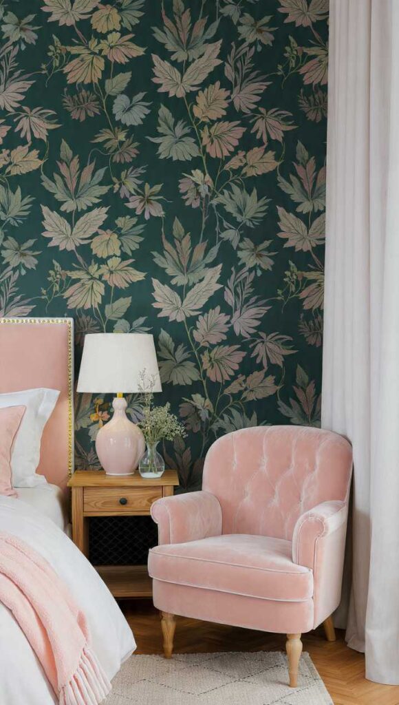 camera con carta da parati botanica ottanio e rosa cipria, poltrona rosa cipria e lampada ceramica rosa