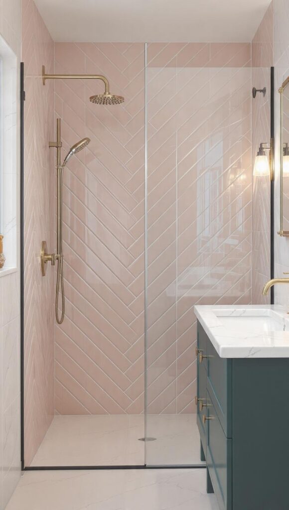 bagno con piastrelle rosa cipria a spina di pesce e mobile lavabo color ottanio con top marmo