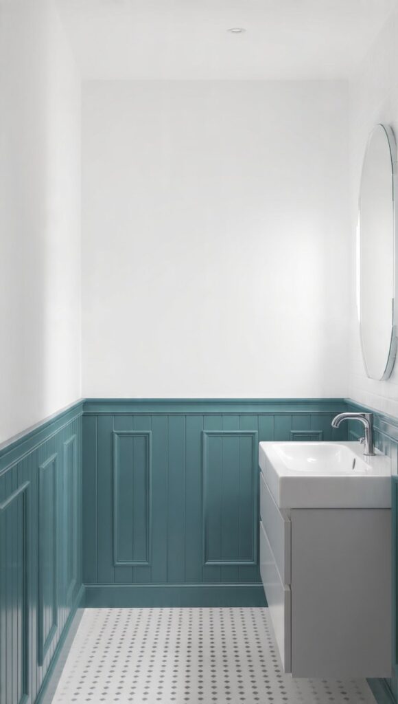 bagno piccolo bianco con boiserie ottanio e rosa cipria e mobile sospeso