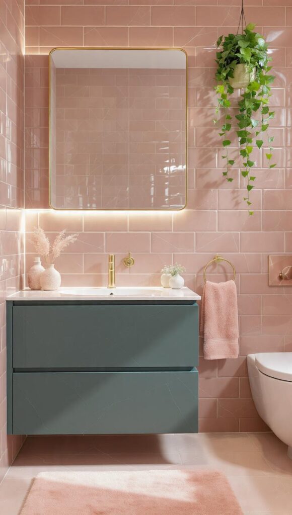 dettagli bagno ottanio e rosa cipria con rubinetteria ottone, specchio oro e pianta pothos
