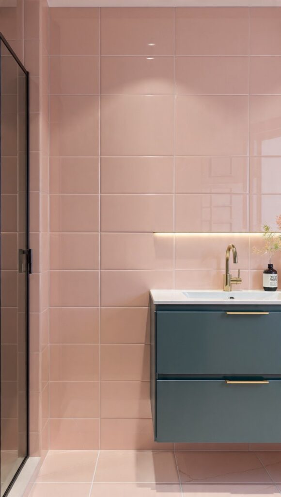 bagno moderno ottanio e rosa cipria con profilo doccia nero opaco e rubinetteria ottone