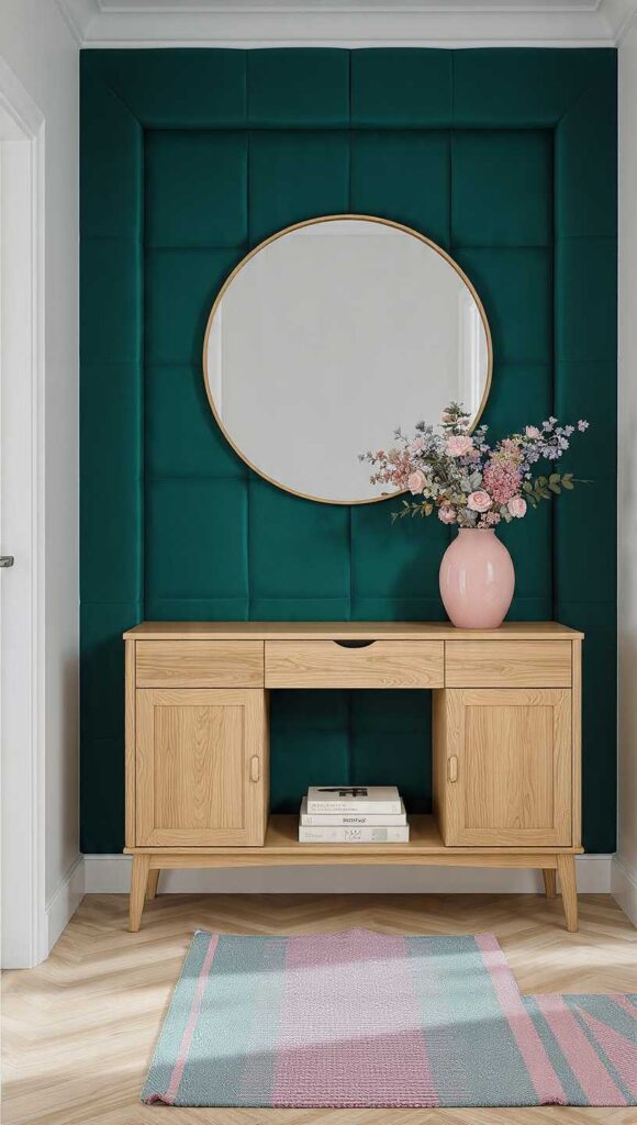 ingresso con parete ottanio e rosa cipria, consolle legno chiaro, specchio oro e vaso ceramica rosa