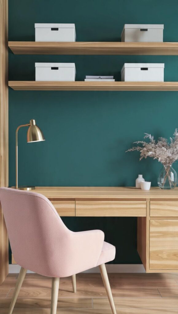 studio con parete ottanio e rosa cipria, scrivania legno e sedia rosa cipria con lampada ottone