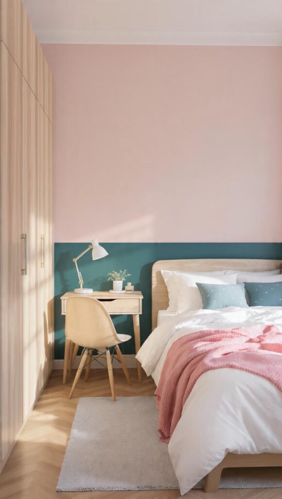 cameretta con pareti rosa cipria e fascia ottanio, letto con tessili bianchi e cuscini stelle ottanio
