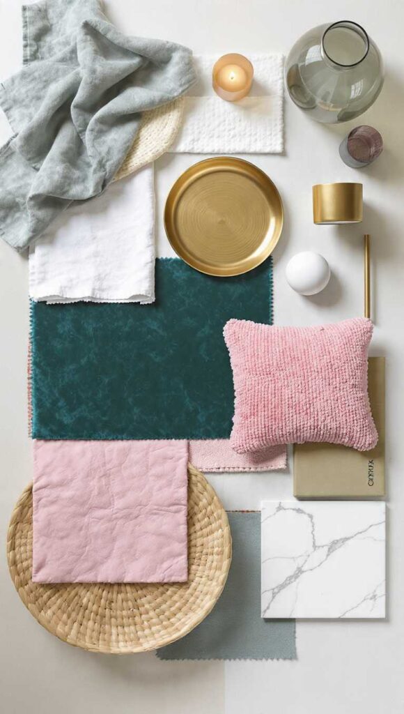 moodboard materiali ottanio e rosa cipria con legno lino velluto bouclé ottone oro vetro fumé e marmo bianco