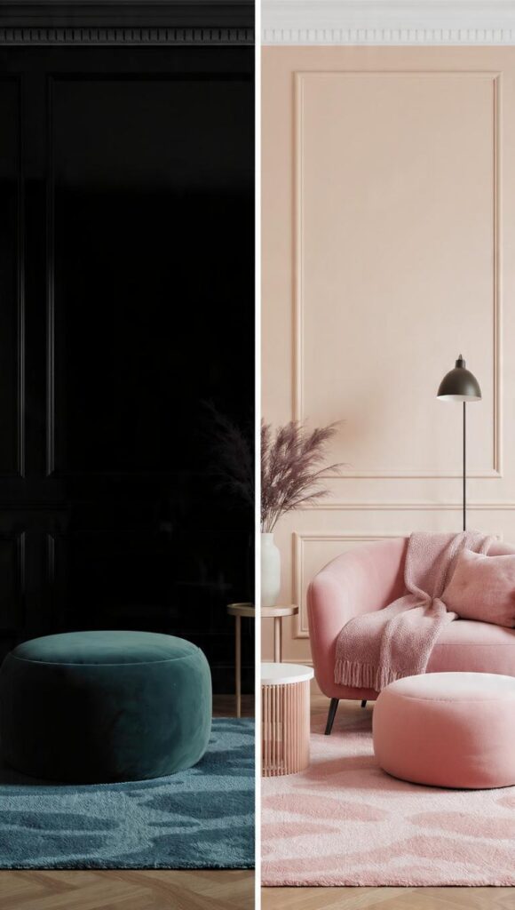 errori abbinamento ottanio e rosa cipria con nero lucido vs soluzione corretta con greige tortora e crema