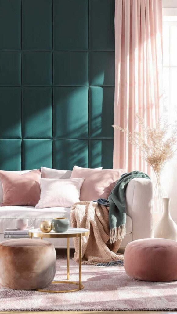 soggiorno con abbinamento ottanio e rosa cipria elegante accogliente con tessili e complementi