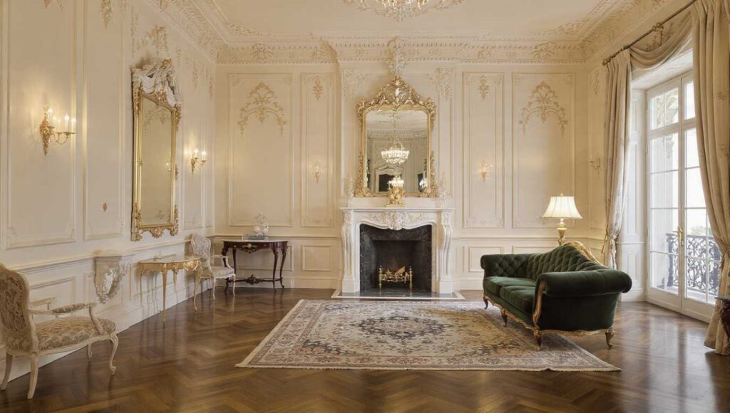 Arredamento stile torinese in salotto elegante con boiserie avorio, parquet a spina di pesce, camino in marmo bianco e divano Chesterfield verde