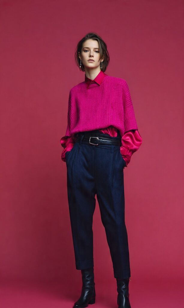 Modella con maglione fucsia, camicia rosso ciliegia, pantalone blu navy, cintura e stivaletti neri: outfit audace che valorizza il blu con nero