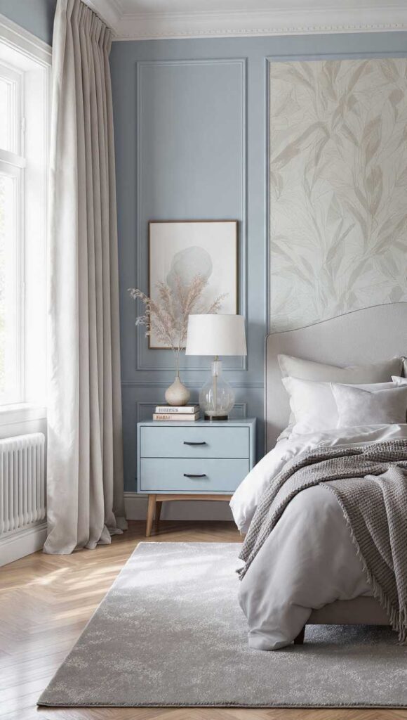 Camera da letto blu polvere con tende tortora, tappeto grigio, biancheria perla e maniglie nere opache - blu in camera da letto