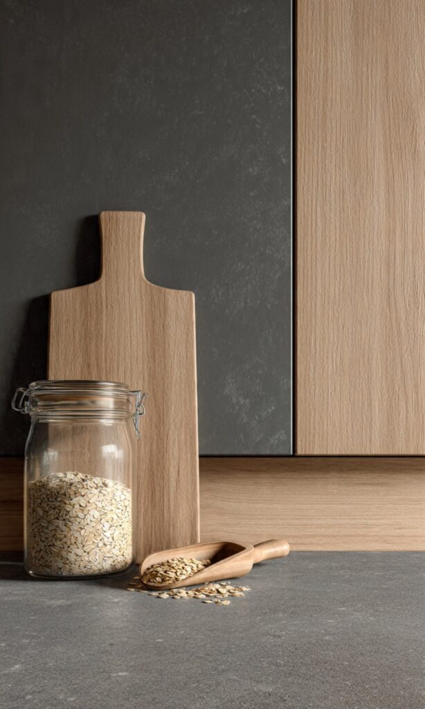 Dettaglio cucina moderna con anta in rovere chiaro e anta grigio pietra opaco. Piano in stone effect grigio, tagliere in legno, barattolo di vetro con fiocchi d'avena e paletta in legno.