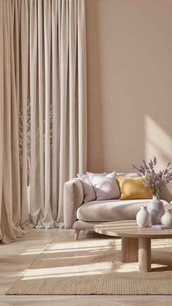 Soggiorno elegante con pareti e tappeto base tortora, divano bouclé tortora con due cuscini pervinca e uno senape, tende lino tortora, vasi ceramica pervinca e tappeto juta