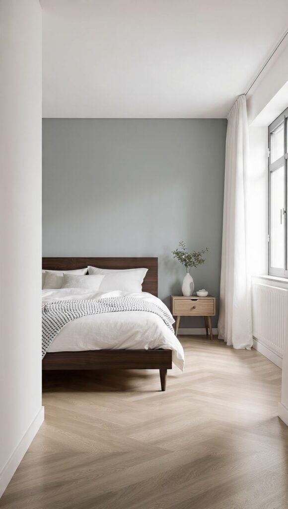 Parete color pervinca camera da letto in stile nordico minimal con testiera in noce scuro