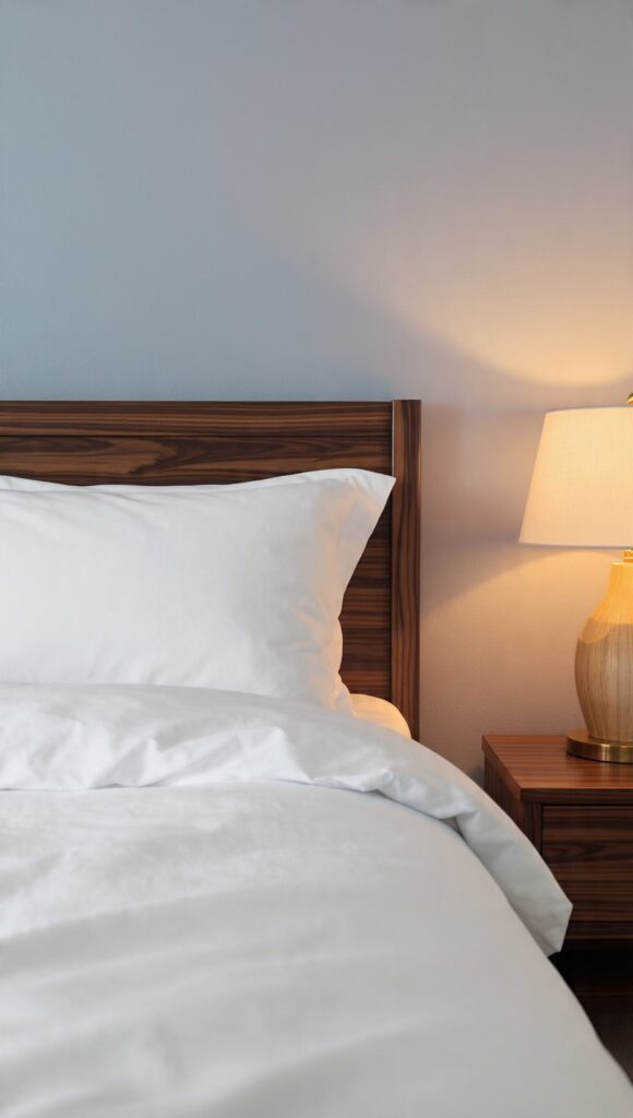 Parete color pervinca camera da letto con biancheria bianca e lampada calda 2700K