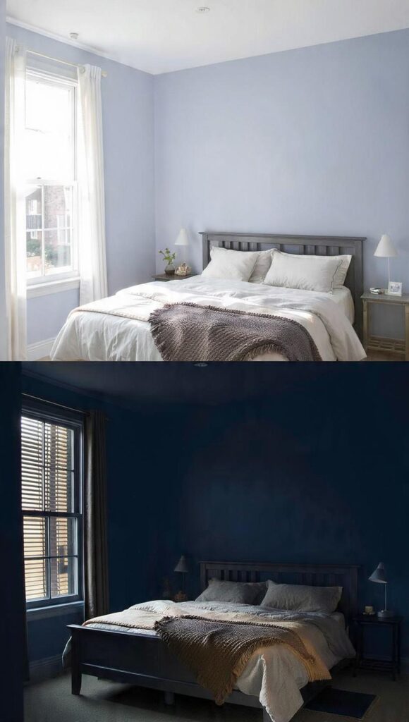 Parete color pervinca camera da letto chiara e scura confronto effetto luce