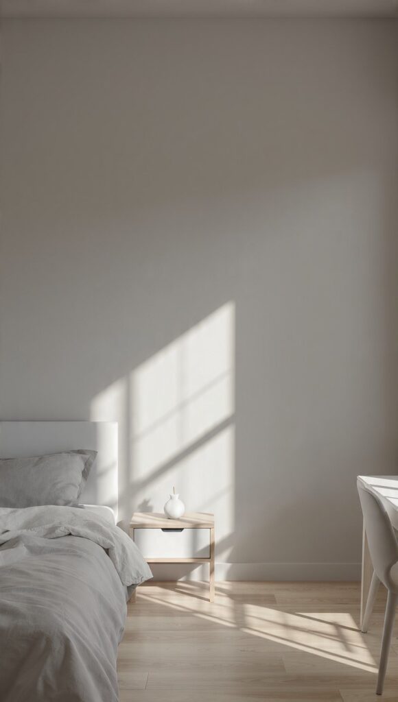 Parete color pervinca camera da letto con luce nord e tonalità media grigio caldo