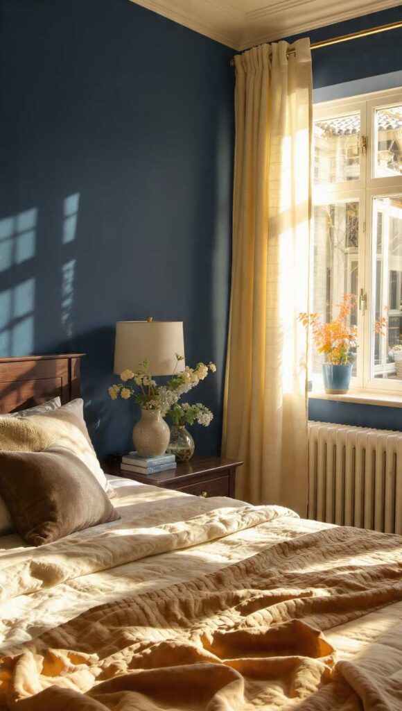 Parete color pervinca camera da letto con luce dorata sud e tonalità scura