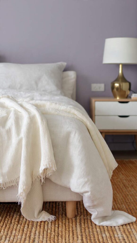 Parete color pervinca camera da letto con tessili lino grezzo e dettagli ottone spazzolato