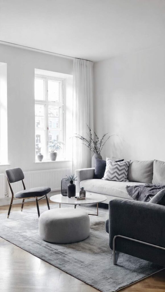 abbinamento grigio perla bianco ottico nero grafite arredamento nordico minimal