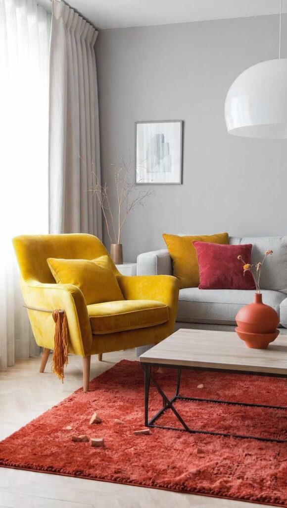 grigio perla abbinamenti senape ocra terracotta rosso fragola soggiorno colorato