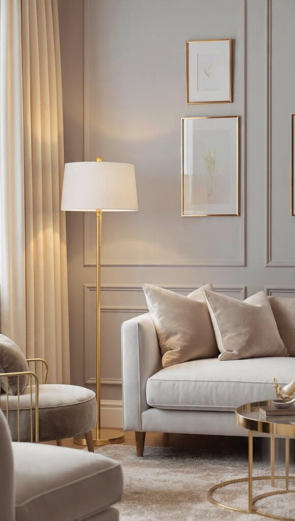 grigio perla oro ottone dettagli metallo lampada interior design elegante